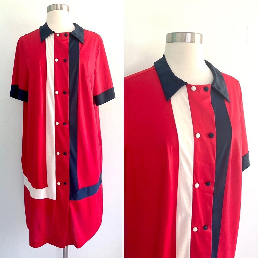 Vintage 60’s mod red white & blue button down collared slip dress sleep jacket